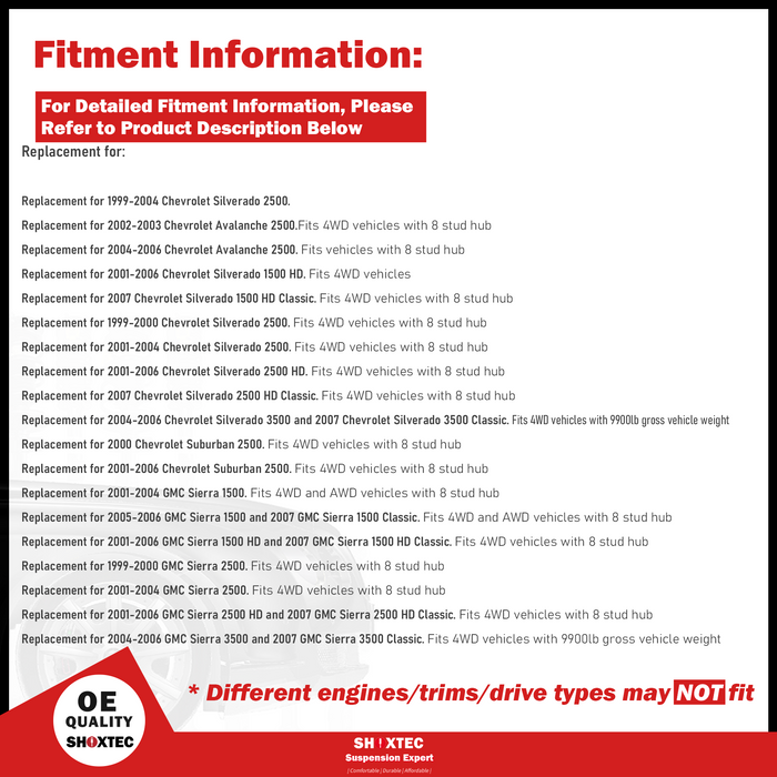 Shoxtec Front Wheel Bearing Hub Assembly Replacement for 99-04 Chevrolet Silverado Avalanche Silverado Suburban GMC Sierra Yukon XL 3500 Hummer H2 Repl. no 515058