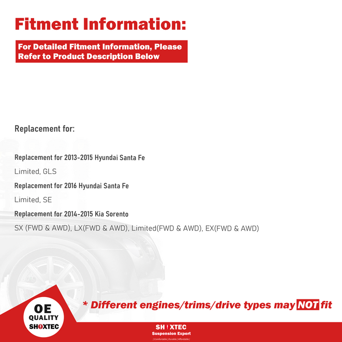 Shoxtec Front Struts Wheel Bearing Hubs Set Replacement for 2013-2016 Hyundai Santa Fe; Replacement for 2014-2015 Kia Sorento Repl. Part No.  1333532LR 513266