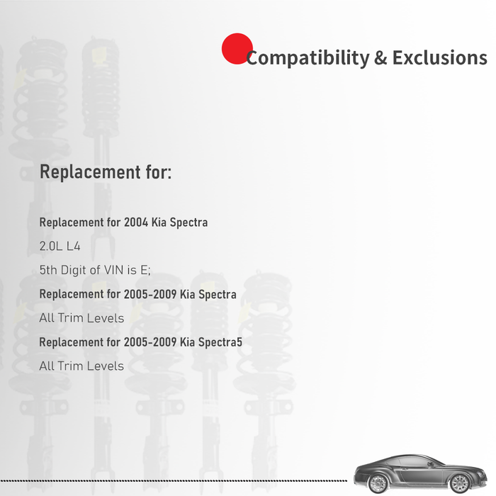 Shoxtec Full Set Complete Strut Assembly Replacement for 2004 Kia Spectra 2.0L L4 with 5th Digit of VIN is E; 2005-2009 Kia Spectra; 2005-2009 Kia Spectra5 Repl Part No. 172302 172301 172304 172303