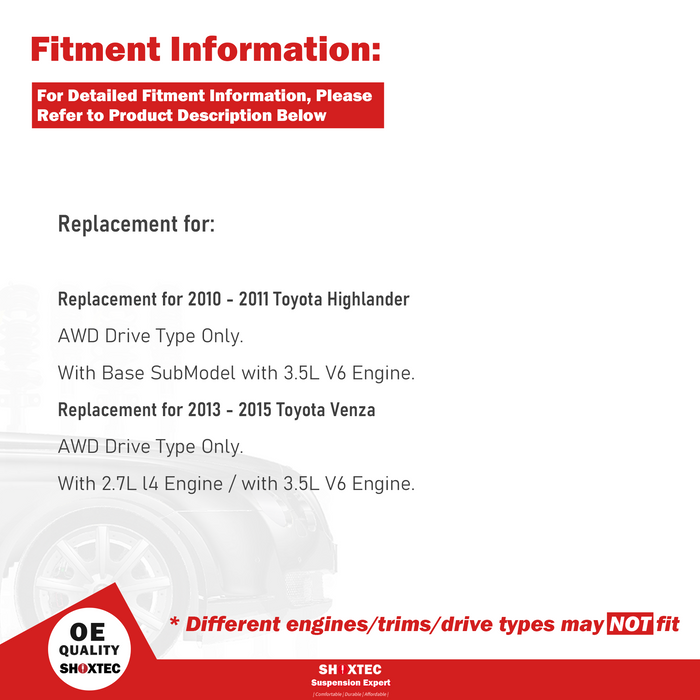 Shoxtec Rear Struts Wheel Bearing Hubs Set Replacement for 2010 - 2011 Toyota Highlander AWD; Replacement for 2013 - 2015 Toyota Venza AWD Repl. Part No. 172490 172489 512284