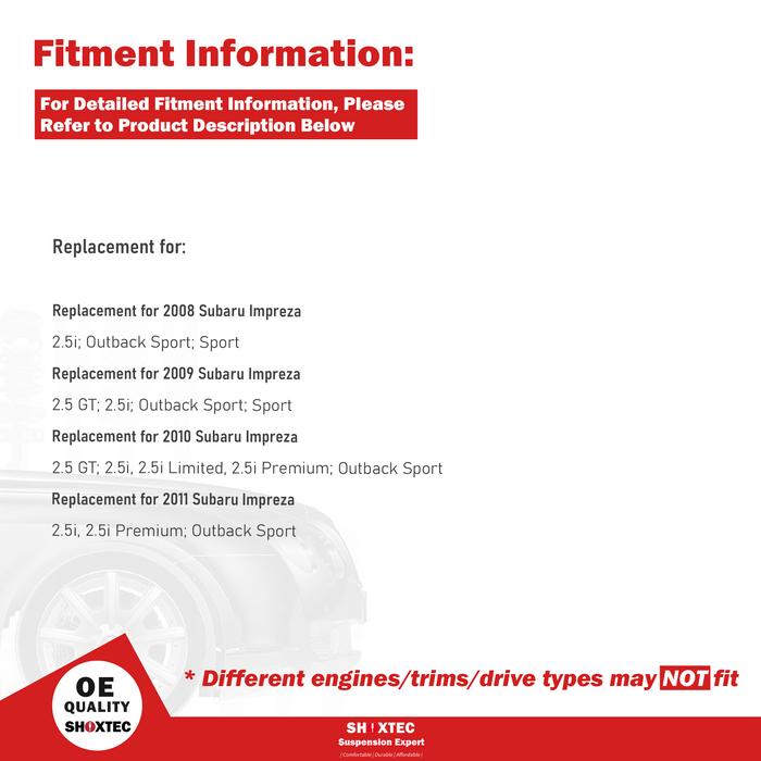Shoxtec Front Struts Wheel Bearing Hubs Set Replacement for 2008-2011 Subaru Impreza 2.5 GT; 2.5i, 2.5i Limited, 2.5i Premium; Outback Sport Repl Part No. 172681 172680 513303