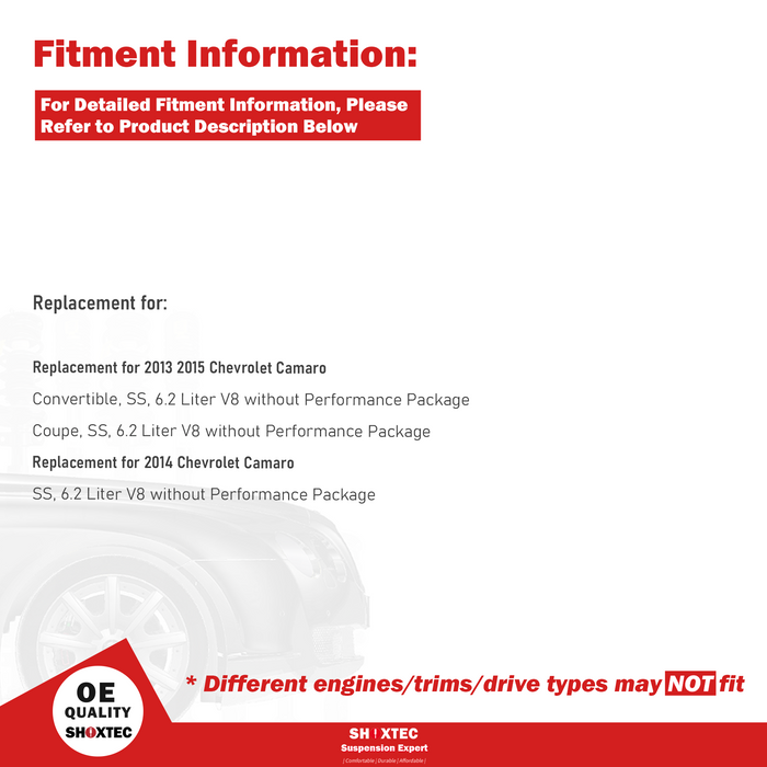 Shoxtec Front Struts Wheel Bearing Hubs Set Replacement for 2013-2015 Chevrolet Camaro SS submodel with 6.2L V8 engine without Performance Package Repl. Part No. 172915 172914 513282
