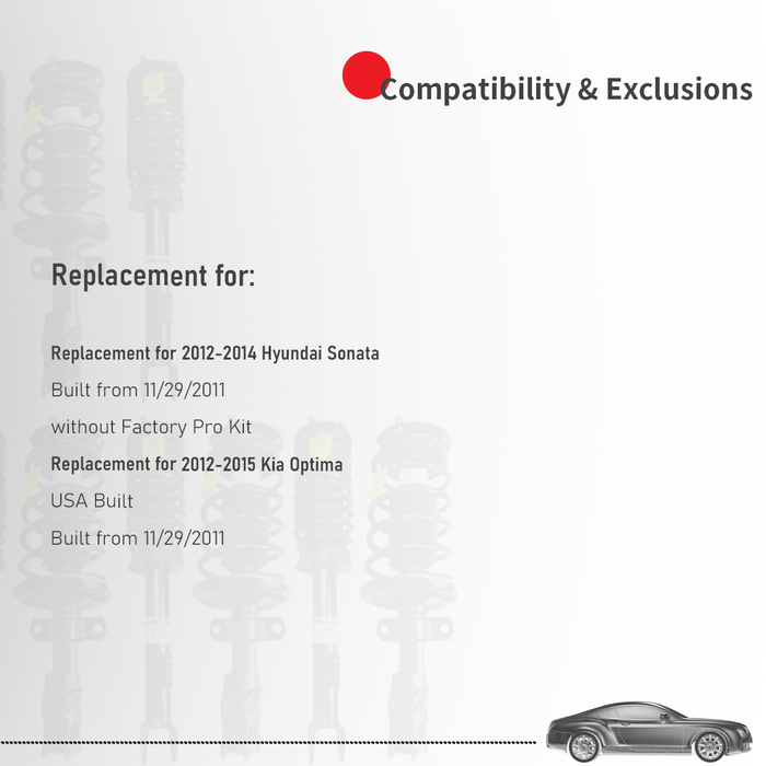 Shoxtec Full Set Complete Strut Assembly Replacement for 2012-2014 Hyundai Sonata Built from 11/29/2011; without Factory Pro Kit; Replacement for 2012-2015 Kia Optima; USA Built; Built from 11/29/2011 Repl. Part No. 182588 182587 5646