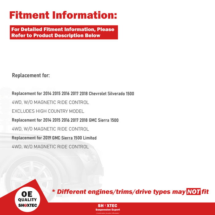 Shoxtec Front Struts Wheel Bearing Hubs Set Replacement for 2014-2018 Chevrolet Silverado 1500 4WD; Replacement for 2014-2018 GMC Sierra 1500 4WD Repl Part No. 239112 515160