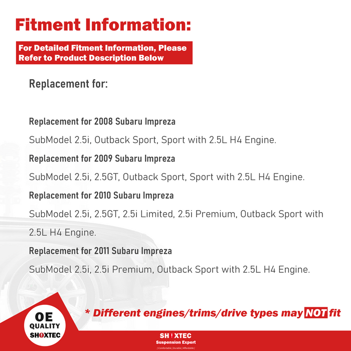 Shoxtec Rear Struts Wheel Bearing Hubs Set Replacement for 2008 - 2011 Subaru Impreza Repl. Part No. 272696 512401