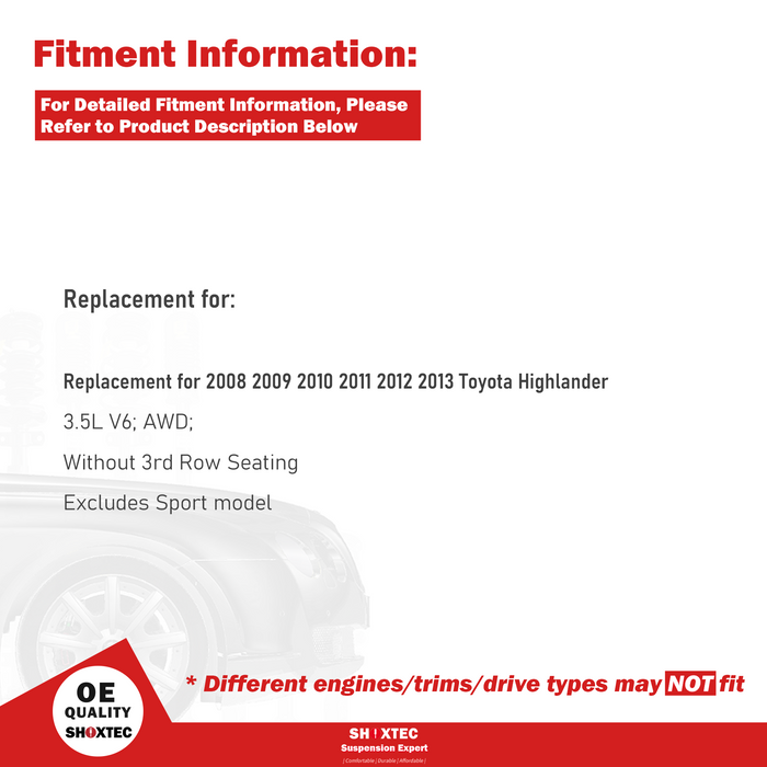 Shoxtec Rear Struts Wheel Bearing Hubs Set Replacement for 2008-2013 Toyota Highlander AWD Repl. Part No. 1333320L 1333320R 512284