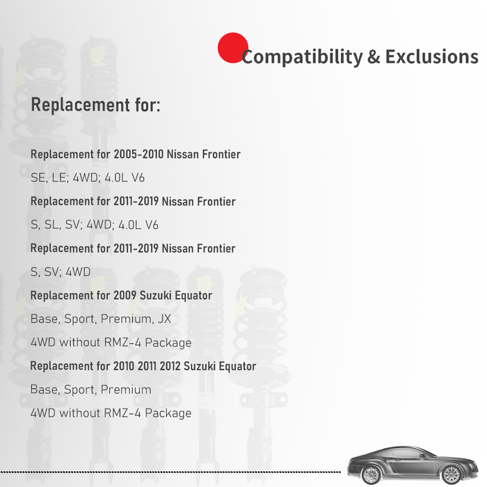 Shoxtec Full Set Complete Strut Assembly Replacement for 2005-2019 Nissan Frontier 4WD 4.0L V6; 2020-2021 Nissan Frontier 4WD; 2009-2012 Suzuki Equator 4WD Repl No. 371102 37273