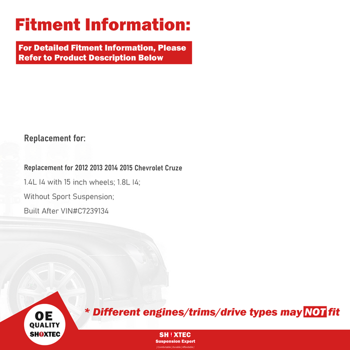 Shoxtec Front Struts Wheel Bearing Hubs Set Replacement for 2012-2015 Chevrolet Cruze; 1.4L I4 with 15 inch wheels; 1.8L I4; Without Sport Suspension Repl Part No. 372664 372663 513315