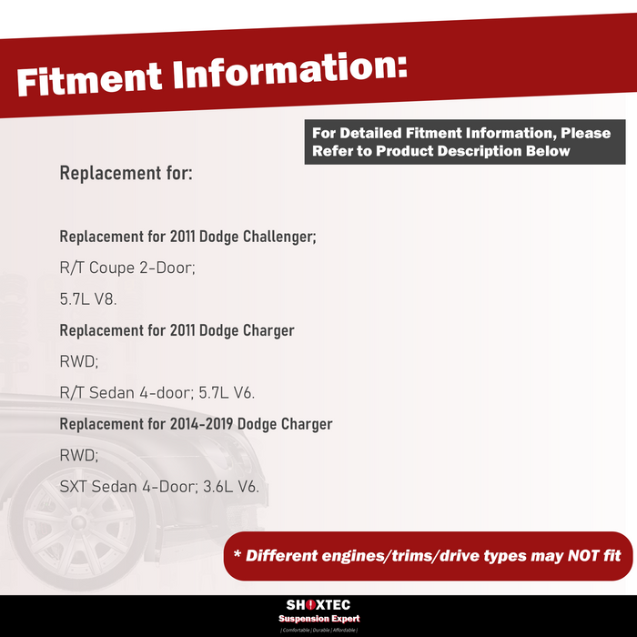 Shoxtec 4pc Front Suspension Shock Absorber Kits Replacement for 2011 Dodge Challenger 2011 Dodge Charger 14-19 Dodge Charger RWD Includes 2 Complete Struts 2 Front Inner Tie Rods