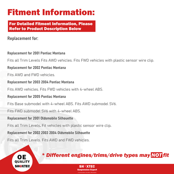 Shoxtec Front Struts Wheel Bearing Hubs Set Replacement for 2001-2005 Pontiac Montana; Replacement for 2001-2004 Oldsmobile Silhouette Repl. Part No. 271670 513179