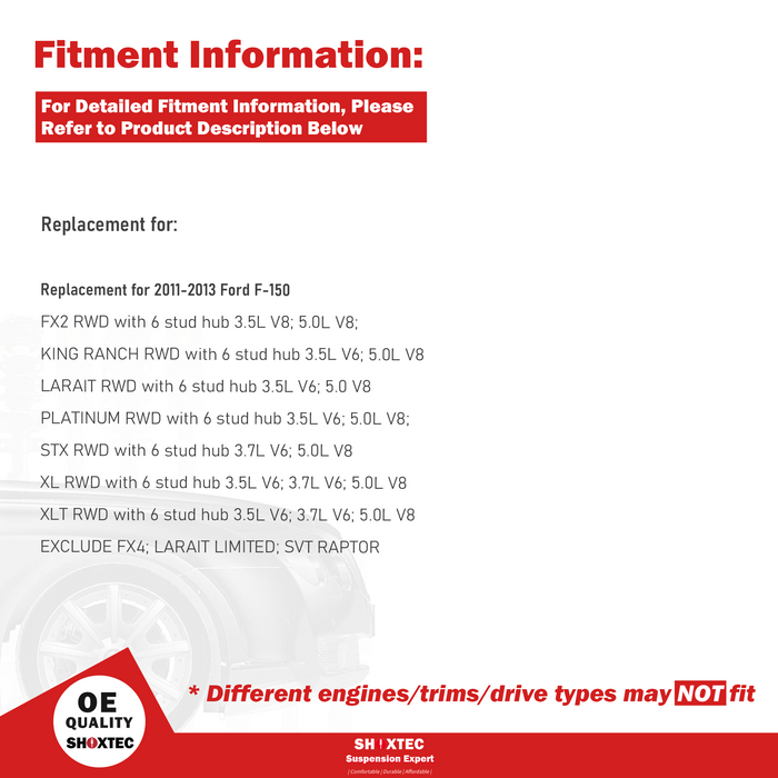 Shoxtec Front Struts Wheel Bearing Hubs Set Replacement for 2011-2013 Ford F-150 RWD models with 6 stud hub Repl Part No. 171140 515143