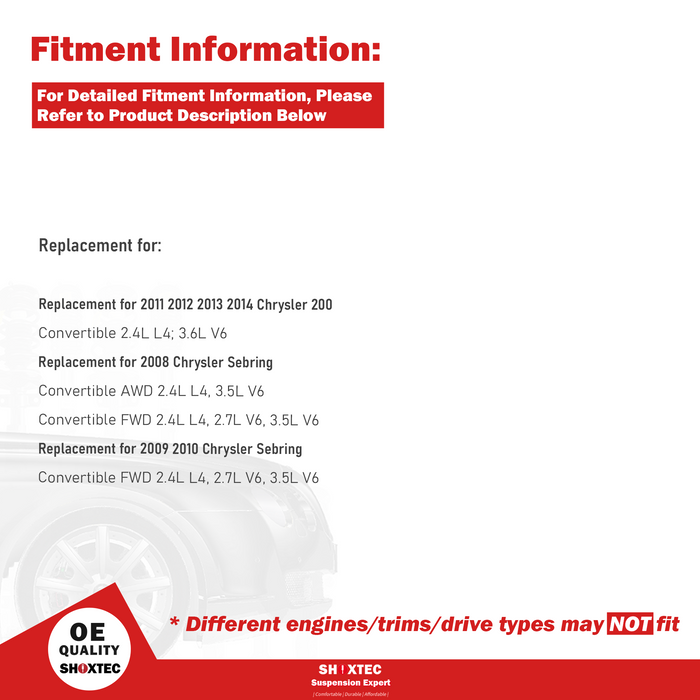 Shoxtec Front Struts Wheel Bearing Hubs Set Replacement for 2008-2010 Chrysler Sebring Convertible; Replacement for 2011-2014 Chrysler 200 Convertible Repl. Part No. 172332 172333 513263