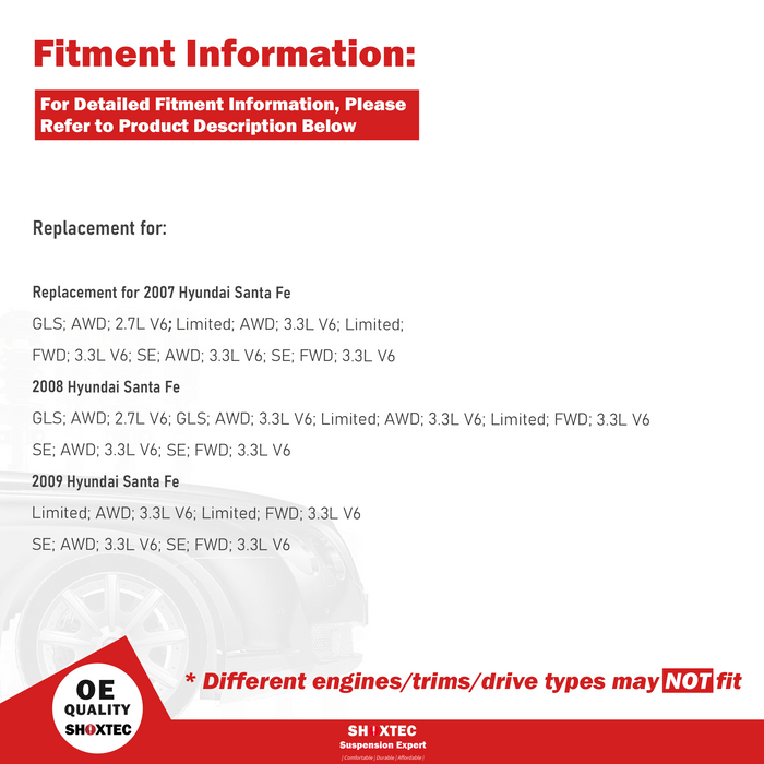 Shoxtec Front Struts Wheel Bearing Hubs Set Replacement for 2007-2009 Hyundai Santa Fe GLS; Limited; SE Repl. Part No. 272300 272299 513266