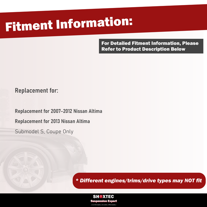 Shoxtec 8pc Suspension Kit Replacement for 2008-2012 Nissan Altima; 2013 Nissan Altima Submodel S, Coupe only Includes 2 Sway Bars 2 Inner Tie Rods 2 Outer Tie Rod Ends 2 Lower Control Arms